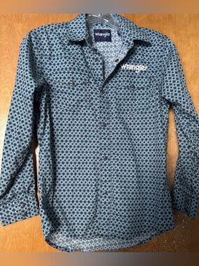 Wrangler Logo Turquoise Print Long Sleeve Button Shirt rodeo western Kids Large